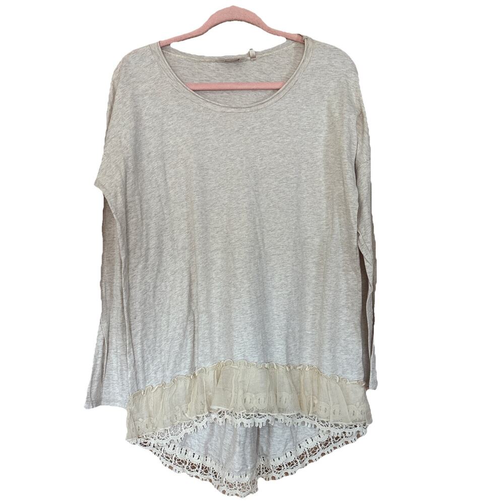 True Grit Heathered Cream Long Sleeve Cotton Top With Chiffon Lace Trim Sz M
